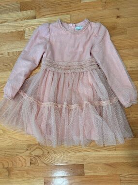 Girls Pink Dot Tulle Occasion Dress with Long Sleeves